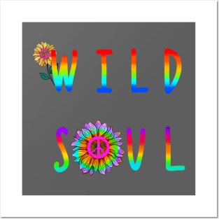 Wild soul hippie style print with sunflowers and peace symbol Posters and Art